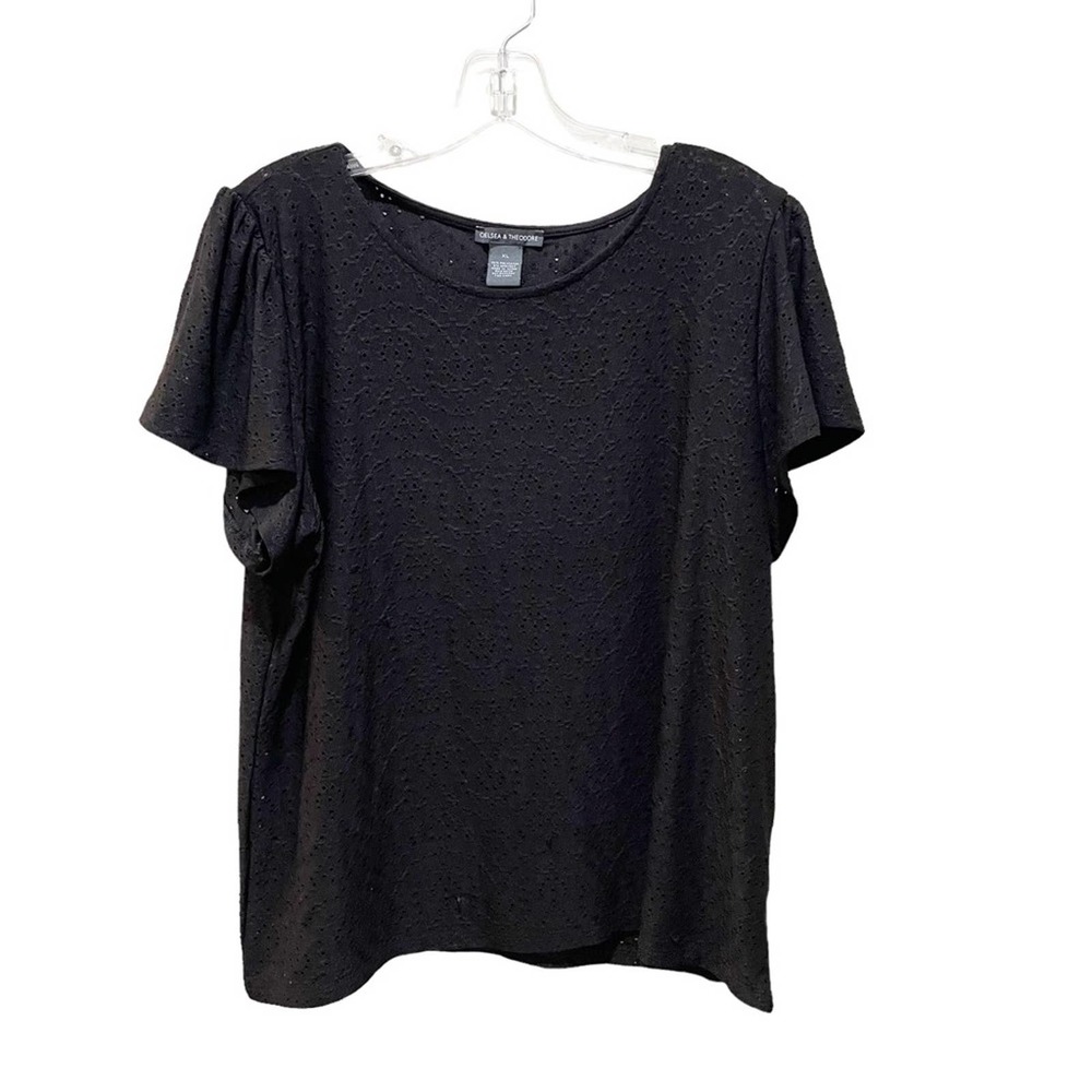 Chelsea & Theodore Flutter Sleeve Eyelet Top Black Size XL
